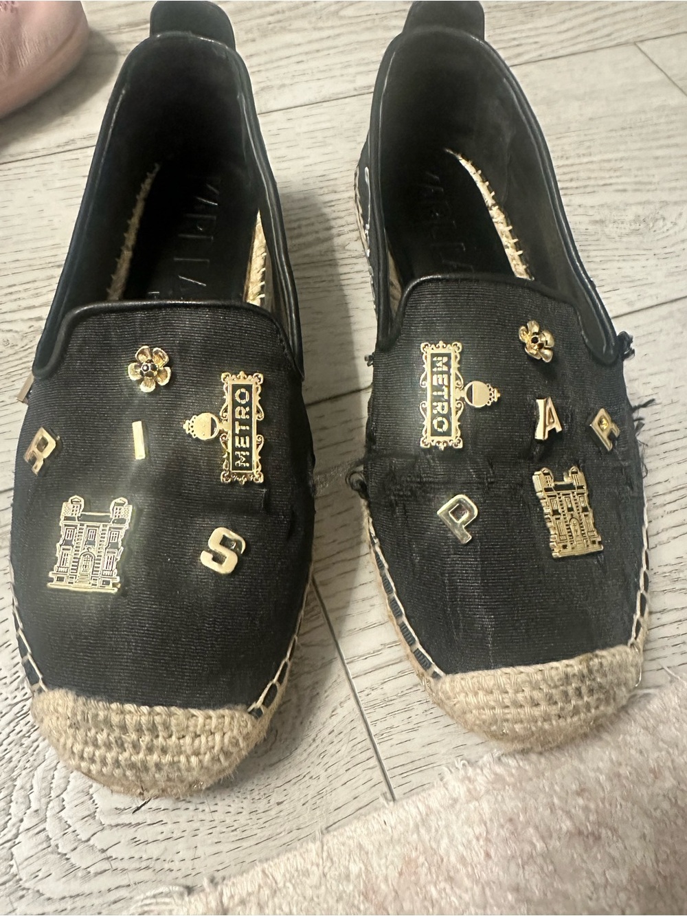 Black Espadrille Slip-On Flats with Gold Accents